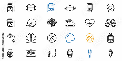 Collection of assorted medical and technological icons in a simple line art style graphic design