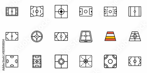 Collection of various sports fields and courts with different designs in a vector format illustration