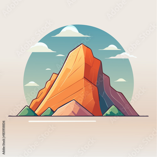 Vibrant Pixel Art Mountain Landscape Under a Pastel Sky with Stylized Clouds and Geometric Green Foothills