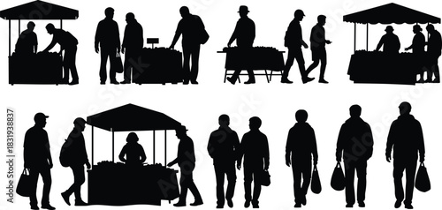 flavector, Silhouettes of vendors selling produce at market stalls and shoppers carrying bags, illustrating commerce, retail, farmers market, buying, selling, 