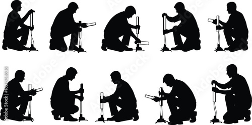 flavector, Silhouettes of men kneeling while operating bicycle and tire pumps, illustrating bike maintenance, inflating tires, outdoor sports, self-reliance, simple .