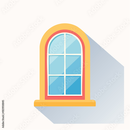 A Single Arched Window With A Yellow Frame And Blue Panes Showing A Shadow On A White Background