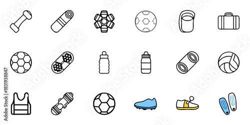 Collection of sports and fitness equipment including balls, shoes, and training accessories shown