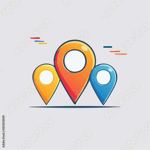 Three Colorful Map Location Pointers Pin Icons Orange Yellow Blue On Light Gray Background With Small Lines