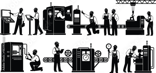flavector, Silhouettes of industrial workers operating automated machinery, conveyors, and production lines, illustrating manufacturing, industry, engineering, 