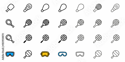 Collection of various badminton rackets and goggles displayed in a grid arrangement on a white background