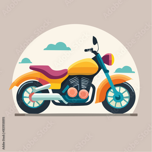 Retro Motorcycle With Orange Frame Yellow Fuel Tank And Purple Seat Against A Neutral Background With Stylized Clouds