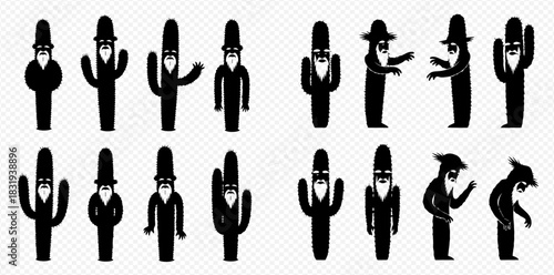 Silhouetted figures of men with beards and hats, and cactus plants.
