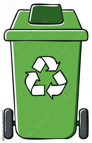 Green wheeled recycling bin with a universal recycle symbol illustration
