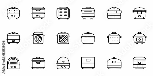 Collection of various kitchen appliances including steamers and slow cookers in outline style