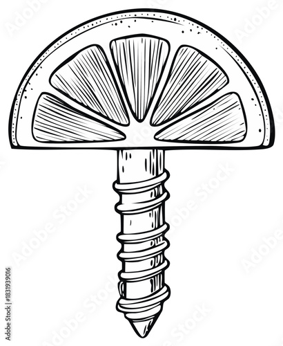 Stylized Half Citrus Wheel Design Incorporated as a Screw Head in Black and White Creative Vector