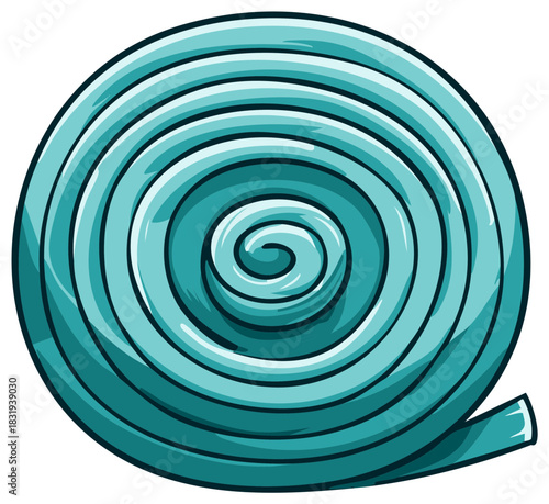 Cartoon illustration of a rolled up teal fruit candy tape swirl