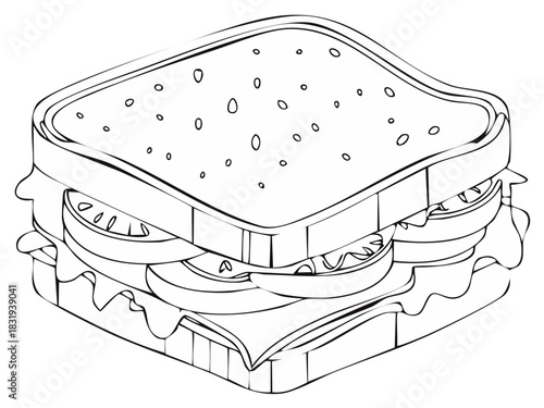 Outlined Sandwich Illustration with Tomatoes and Lettuce on Square Bread