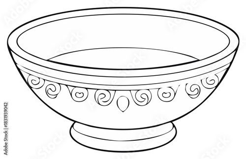 Simple black and white line art drawing of an ornate bowl with a flared rim and pedestal base