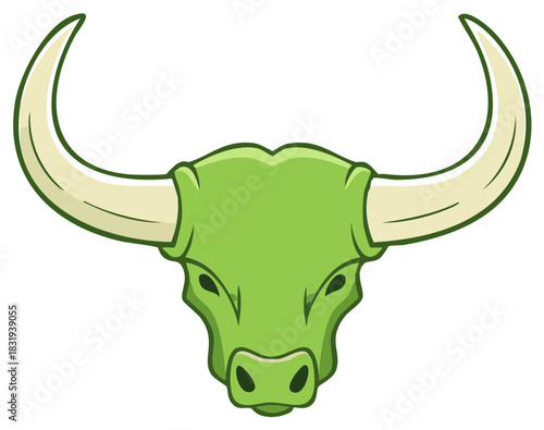 Cartoon Illustration of a Green Bull's Head with Horns, Bull Mascot, Bovine Head