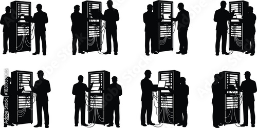 flavector, Collection of photographer and videographer silhouettes with cameras, tripods, backpacks, and drone, illustrating outdoor photography, media, nature, professional work, 