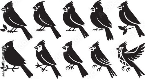 Ten Black Silhouette Cardinal Bird Icons with Branches and Leaves Keywords: cardinal, bird, birds, silhouette, icon, animal, wildlife, nature, perched, standing, flying, wings, feathers, beak