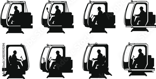 Excavator operator silhouette set with cab posture variation, heavy machinery control scene, flat vector illustration construction equipment design for stock image template