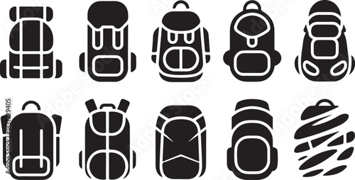 Ten black silhouette icons of backpacks and rucksacks Keywords: backpack, rucksack, bag, hiking, camping, travel, adventure, gear, equipment, trekking, expedition, outdoor, sport, silhouette, icon