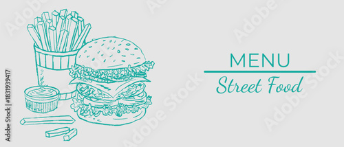 Hand drawn street food menu. Vector sketch illustration in monochrome crayon charcoal style. Burger, french fries, sauce for restaurant menu design print