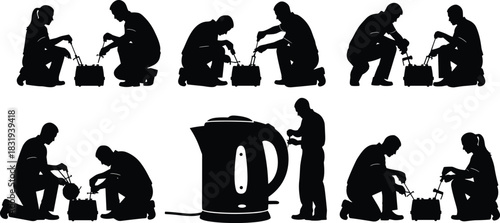 Electrical, equipment, repair, silhouette, battery, tool, teamwork, kneeling, posture, kettle, vector, black, pose, device, experiment, setup, engineering, hands-on, pair, flavector