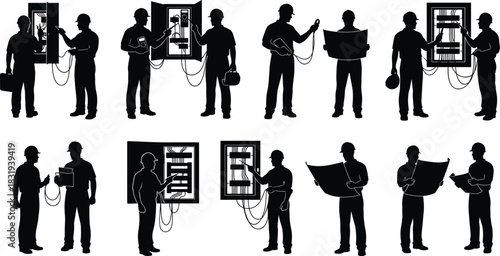 Electrician, silhouette, panel, tool, blueprint, schematic, inspection, wiring, testing, maintenance, vector, black, pose, safety, hardhat, infrastructure, setup, collaboration, jobsite, flavector