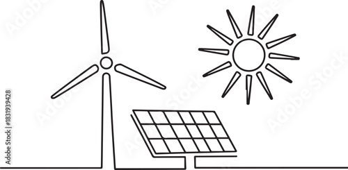Wind farm turbine, solar panel with sun continuous one line icon drawing.one line  vector illustration  with out background