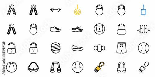 Depiction of various fitness and workout equipment including weights and exercise accessories icons set