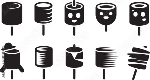 Ten black silhouette icons of cylindrical objects on sticks, some with faces and patterned textures, on a white background