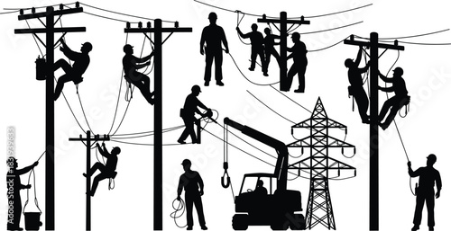 Electrical line workers on utility poles and transmission tower, black silhouette vector illustration for infrastructure, power maintenance, or safety-