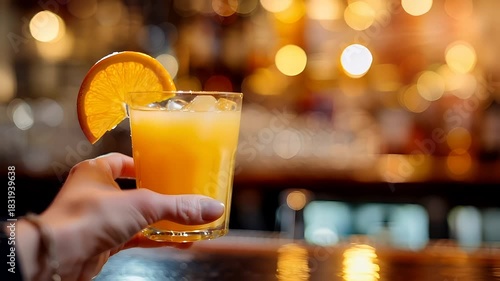 A hand holding a glass of orange juice with a slice of orange on the rim. The glass is filled with a goldenyellow liquid, likely a cocktail, and has ice cubes floating in it.