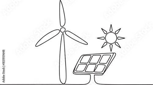 Wind farm turbine, solar panel with sun continuous one line icon drawing.one line  vector illustration  with out background