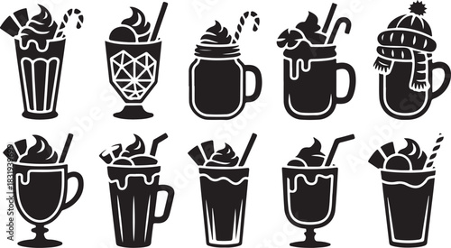 Ten black silhouette icons of winter holiday drinks with festive toppings and a cozy scarf and hat vector