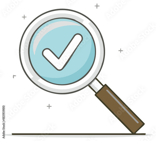Magnifying glass with check mark symbol indicating successful search or approval