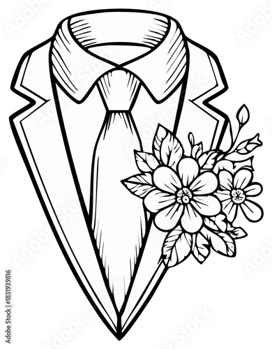 Formal Tuxedo with Floral Boutonniere Line Art Wedding Illustration