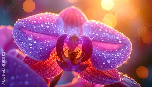 Macro shot of a beautiful pink orchid with water droplets, illuminated by warm bokeh lights