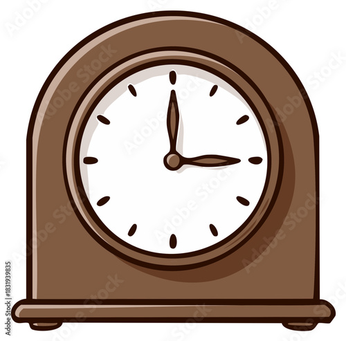 Simple cartoon illustration of a vintage brown wooden mantel clock