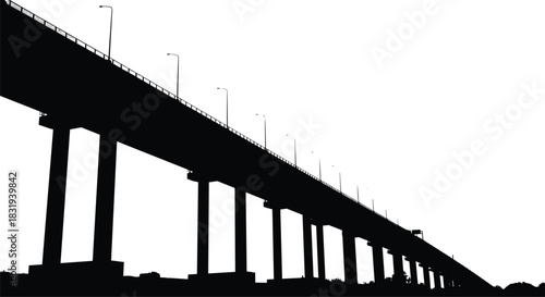 Bridge, elevated, silhouette, column, streetlight, structure, span, descent, terrain, vector, black, pose, architecture, engineering, support, transport, urban, setup, perspective, flavector
