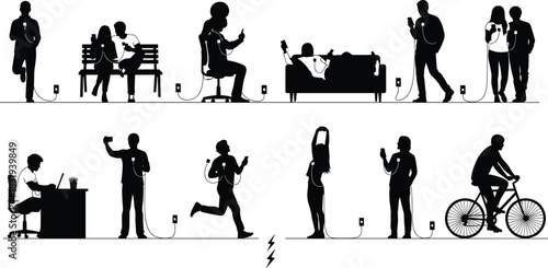 People tethered to phones and power outlets silhouette vector set, mobile dependency social addiction concept, modern technology charging illustration, connected user lifestyle graphic pack.