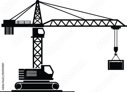 Black Silhouette of Crawler Tower Crane Vector Illustration, Heavy Lifting Construction Machinery, Industrial Equipment, Building Site Infrastructure, Hoisting Device Icon Isolated