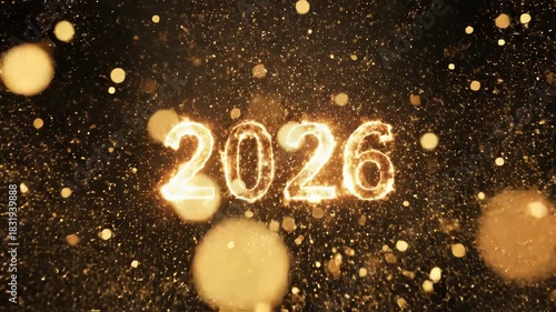 Golden glowing number 2026 formed by sparkling firework particles exploding against a dark background for new year celebration concept