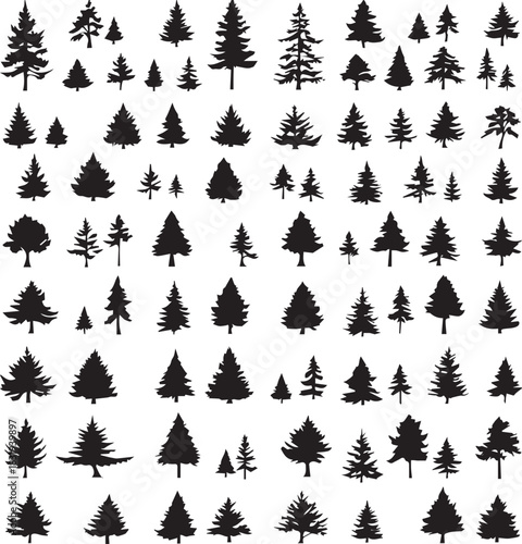 Black-and-white pine tree silhouette grid with diverse conifer shapes in minimalist nature illustration