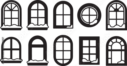 Ten black silhouette window icons with snow on sills Keywords: window, silhouette, icon, vector, snow, sill, frame, glass, pane, arched, round, square, rectangular, graphic, design, element