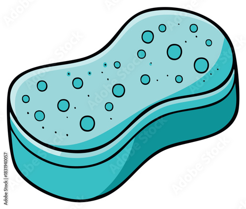Blue porous bath sponge cartoon vector illustration for household cleaning and hygiene