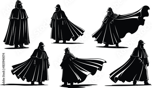 Heroic silhouette character in dynamic cape poses, dramatic helmeted figure concept for fantasy, action, animation, and graphic storytelling themes.