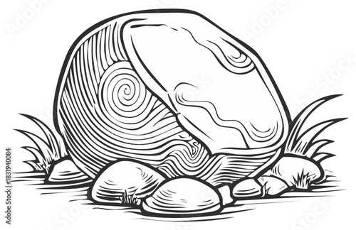 Bold graphic illustration of a large weathered stone with swirling patterns and grass