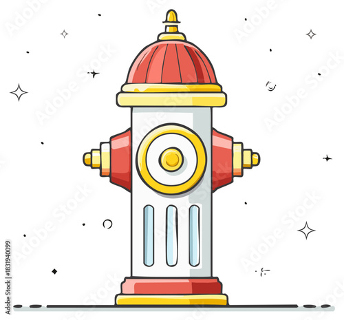 Red and Yellow cartoon fire hydrant stands, illustrated with a quirky, playful style, on a white background sprinkled with stars