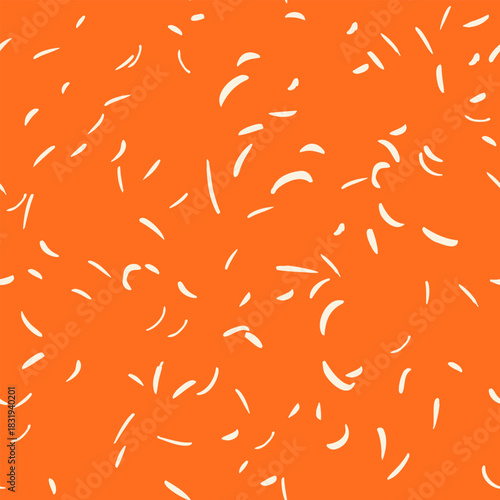 Playful seamless vector pattern with scattered cream brush strokes on a vivid orange background. Dynamic, modern texture for textiles, packaging, stationery, and trendy designs