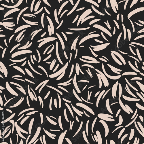 Seamless vector pattern with soft beige abstract brush strokes on a deep black background. Modern, dynamic texture for fashion, packaging, stationery, and trendy decor