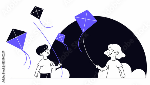 Illustration of children flying kites against a dark background with fluffy white clouds nearby